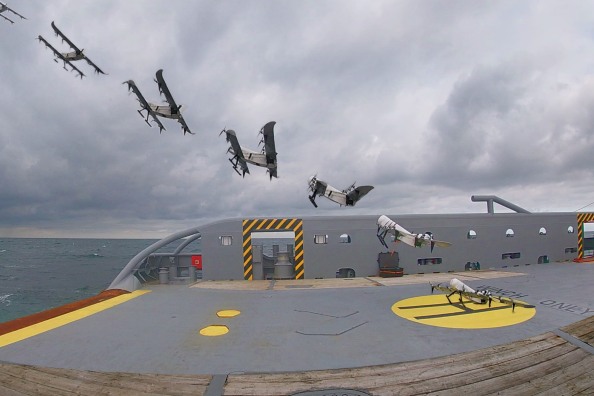 A composite photo of the drone taking off from a coastguard ship