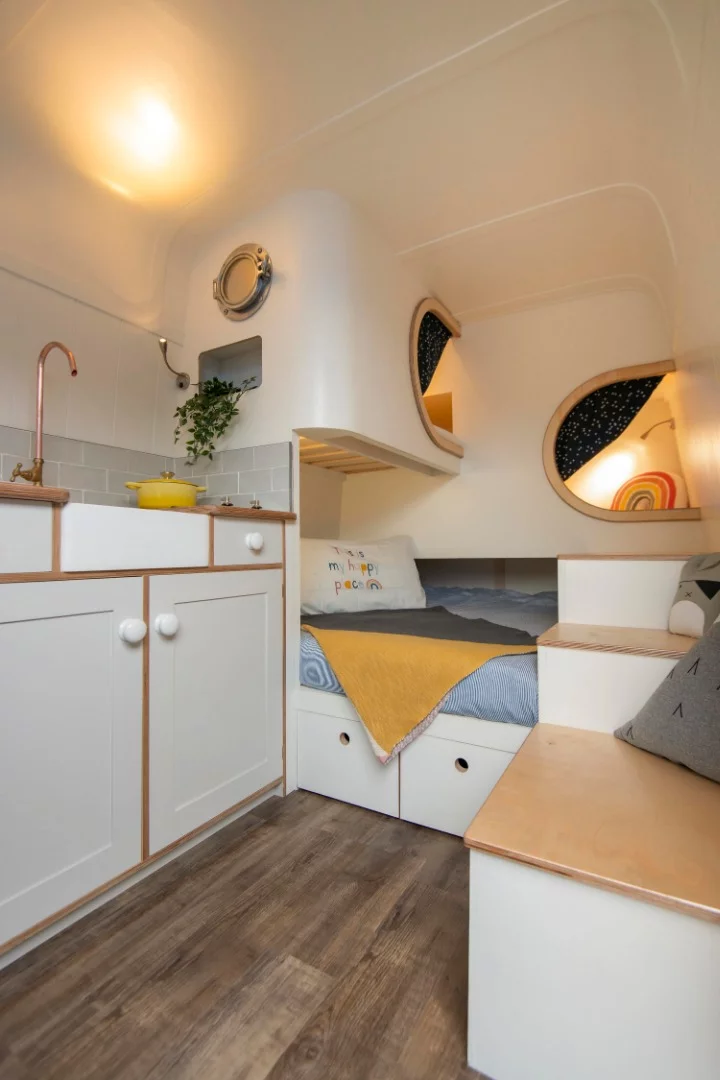 The layout of the sleeping area was inspired by old inland watercraft found in England