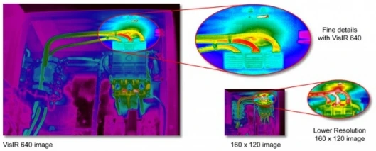 Resolution comparison showing the advantages of the Thermoteknix VisIR 640 Thermal Imaging Camera's 640 x 480 uncooled infrared sensor.