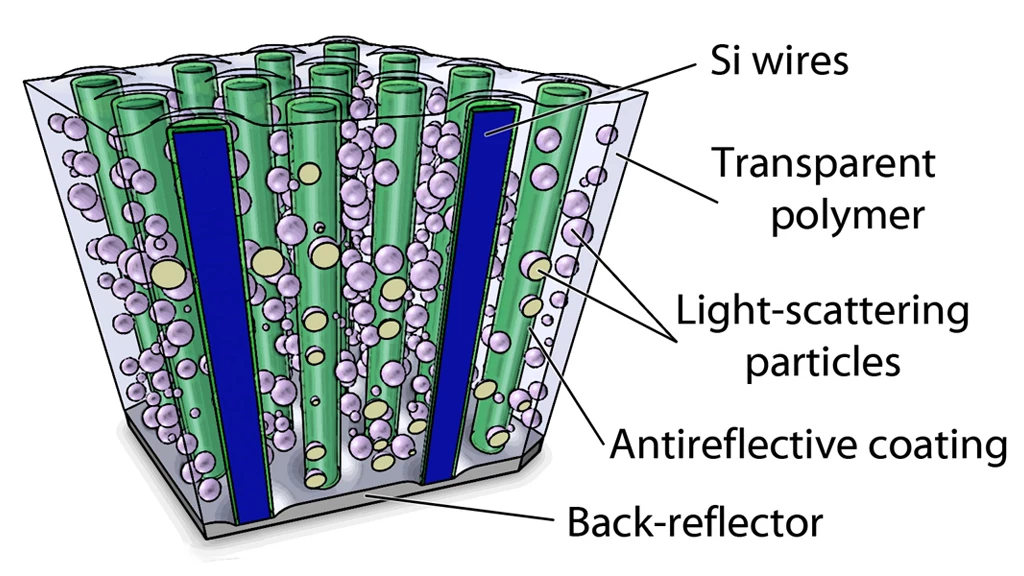 A schematic diagram of the light-trapping elements used to optimize absorption within a polymer-embedded silicon wire array (Image: Caltech/Michael Kelzenberg)