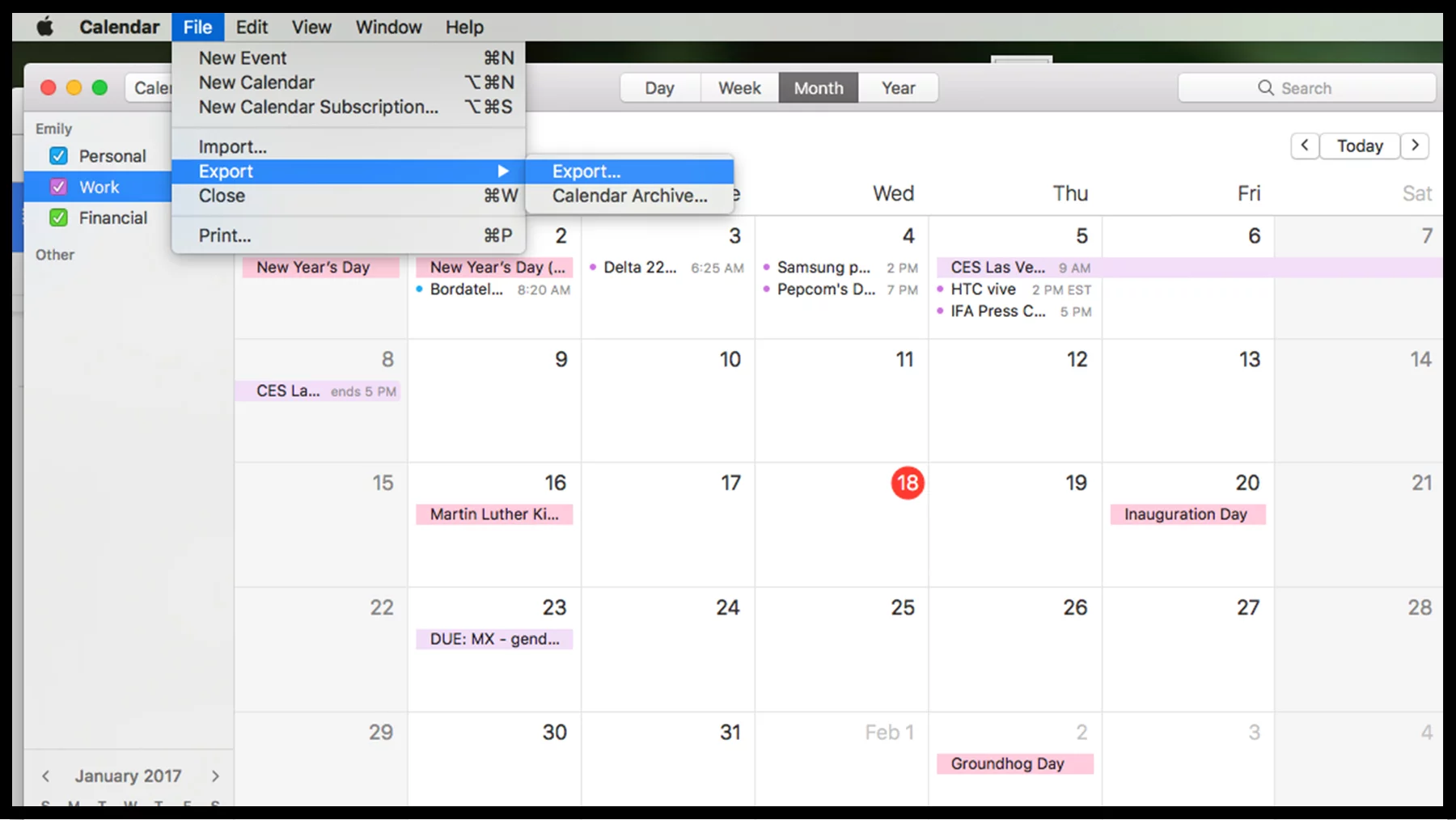 Exporting from the desktop version of Apple's Calendar app