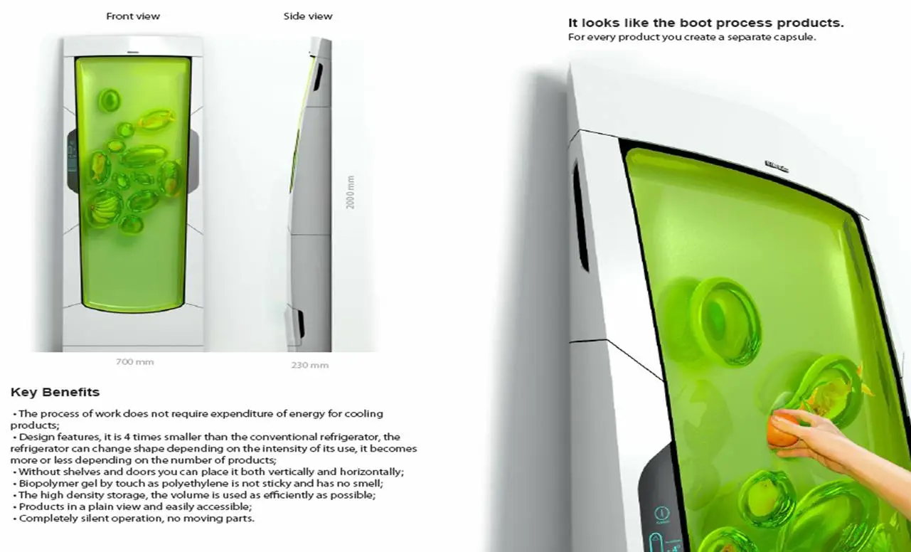 Rather than shelves hidden behind a door, users push food items straight into the Bio Robot's non-sticky, odorless biopolymer gel to the front of the fridge