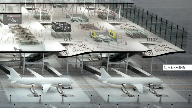 Sloped boarding lounges prepare the passengers for their flights