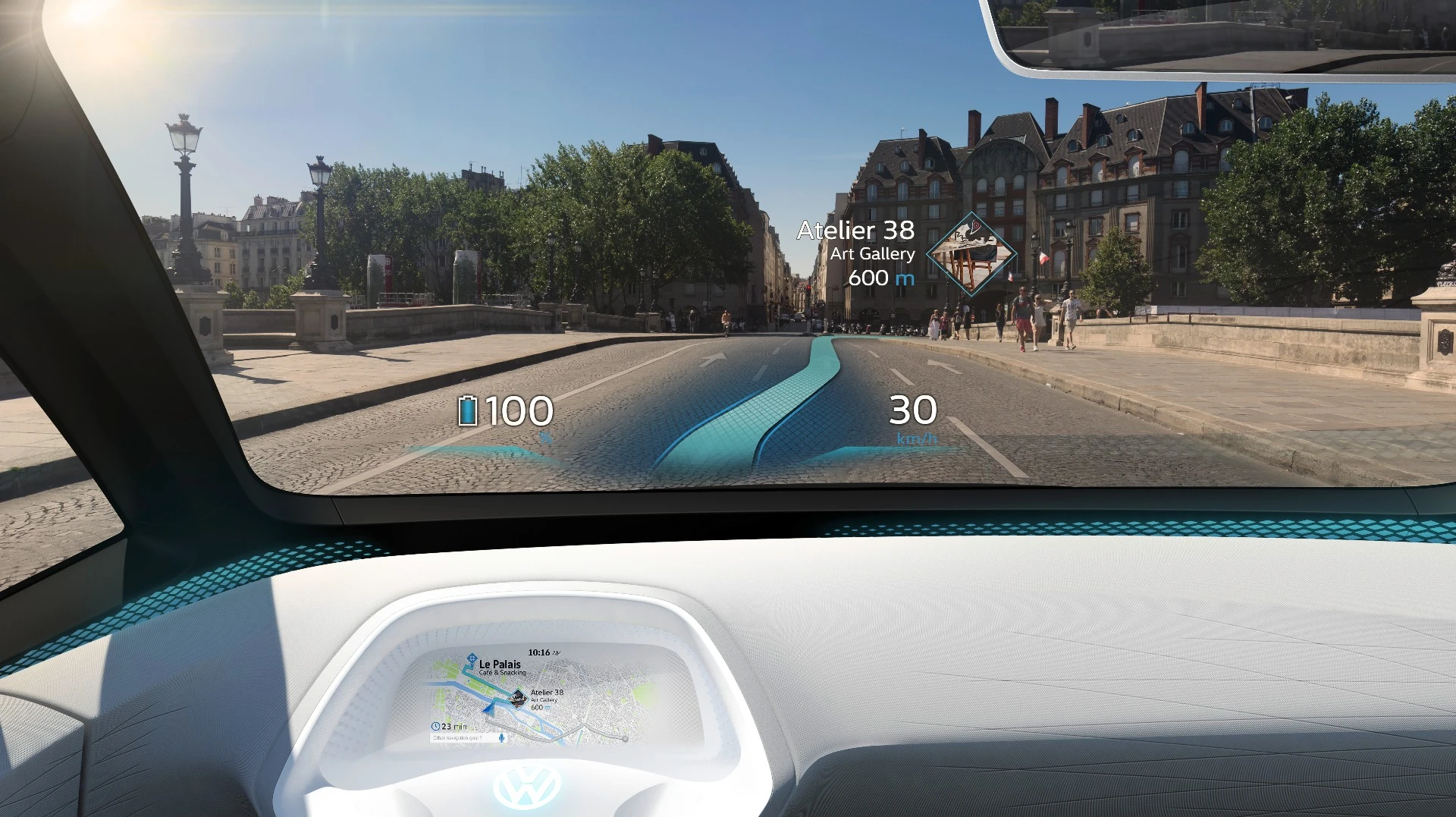 The VW ID's AR-HUD projects navigational indicators directly into the driver's vision