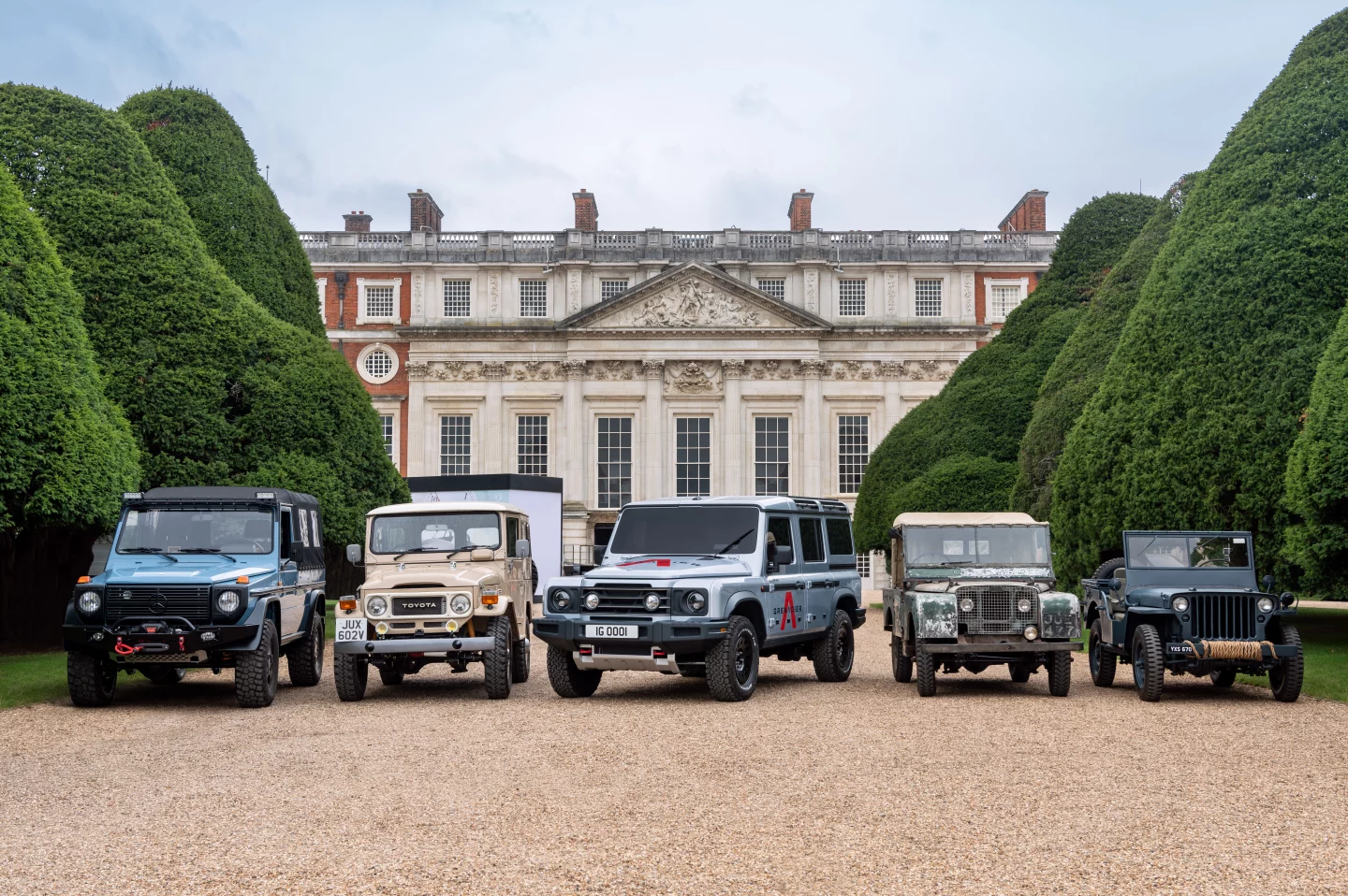The INEOS Grenadier prototype was on display with a 1980 Toyota FJ40, a 1944 Willys Jeep, a 1988 Mercedes-Benz G-Wagen and the very first Land Rover Defender.