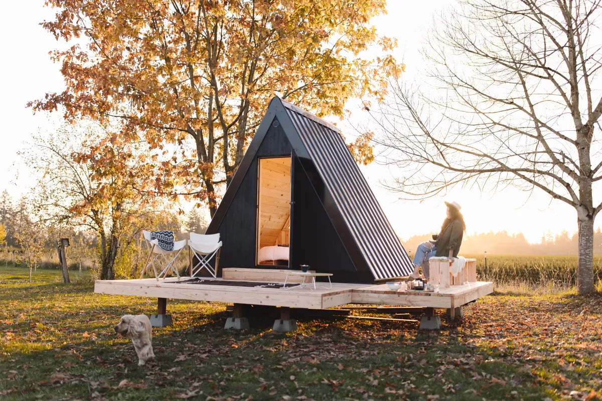 The Bivvi Cabin's optional extras include a small deck area