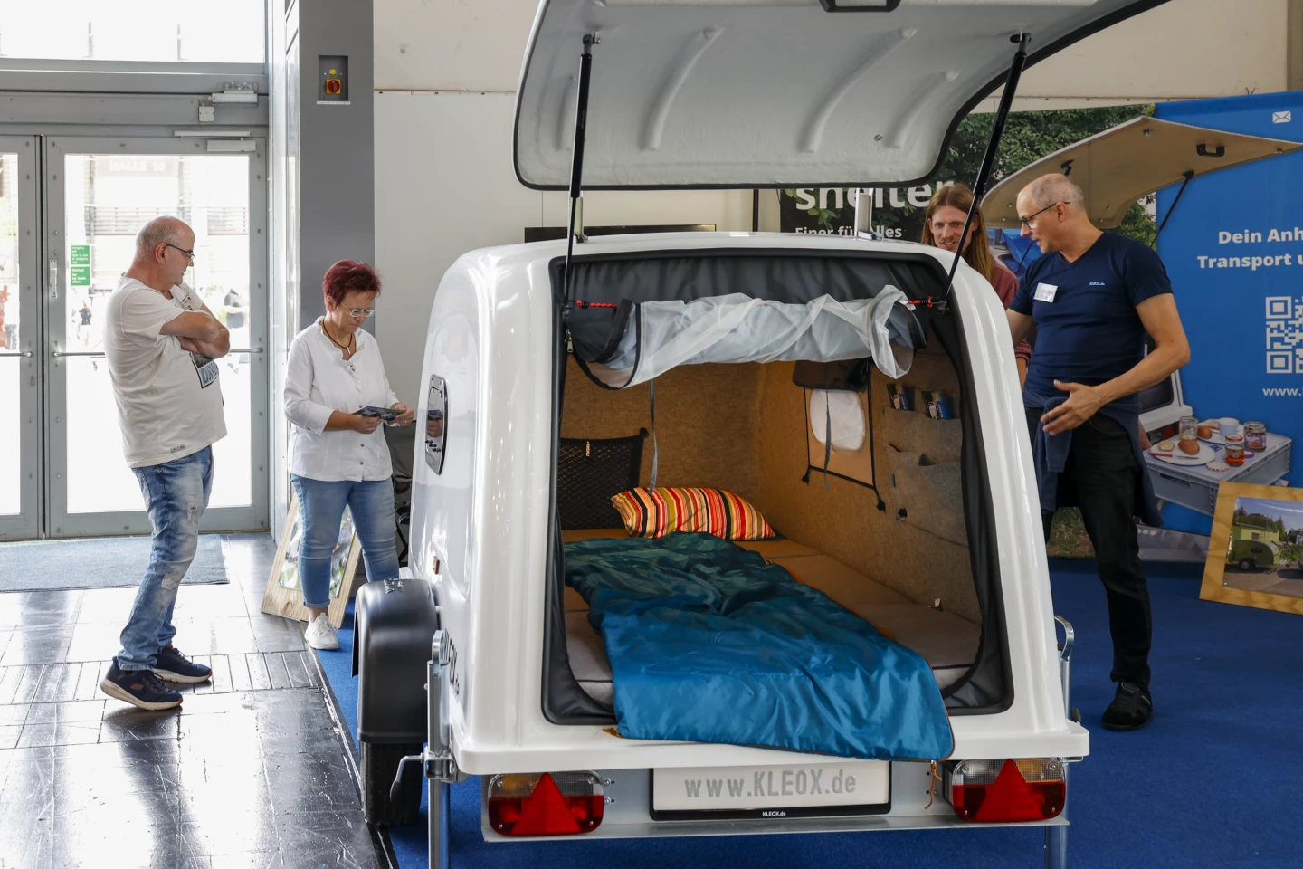 A look inside the Kleox Shelter Travel's big rear hatch at the 2025 Caravan Salon