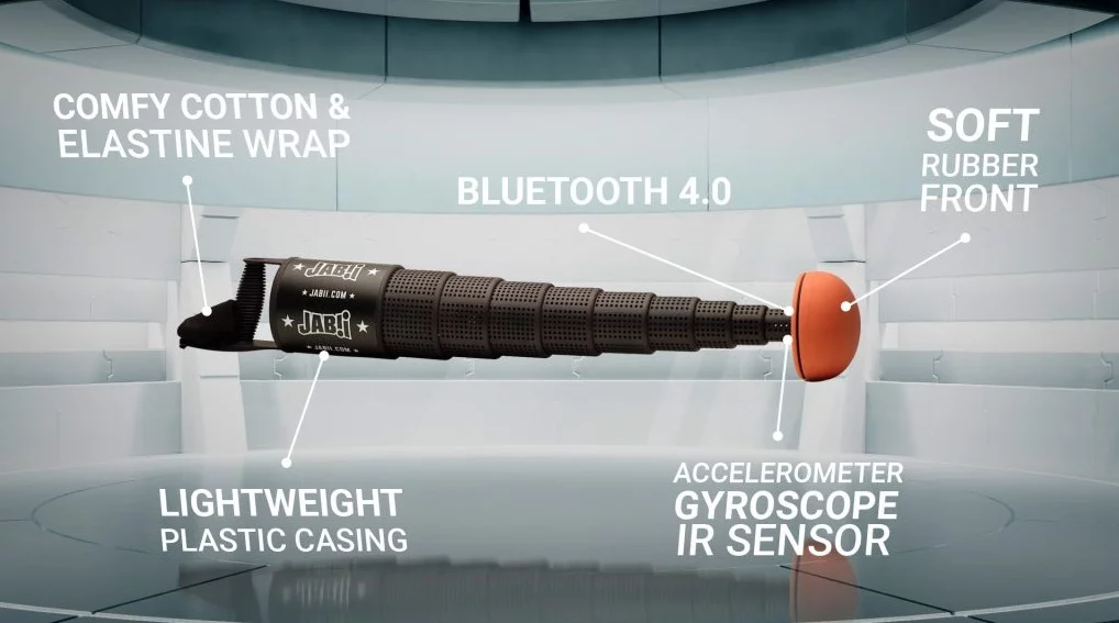The Jabbi glove contains a 9-axis accelerometer to capture data about the player's punches, and transmit the information via Bluetooth to a connected smart device