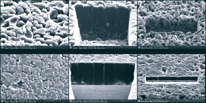 In the top row, a top view and cross sections show deposited lithium at 70 kilo-Pascal or kPa (less than one atmosphere), with Bottom row: top view and cross sections of deposited lithium at 350 kPa, or 3.5 atmospheres