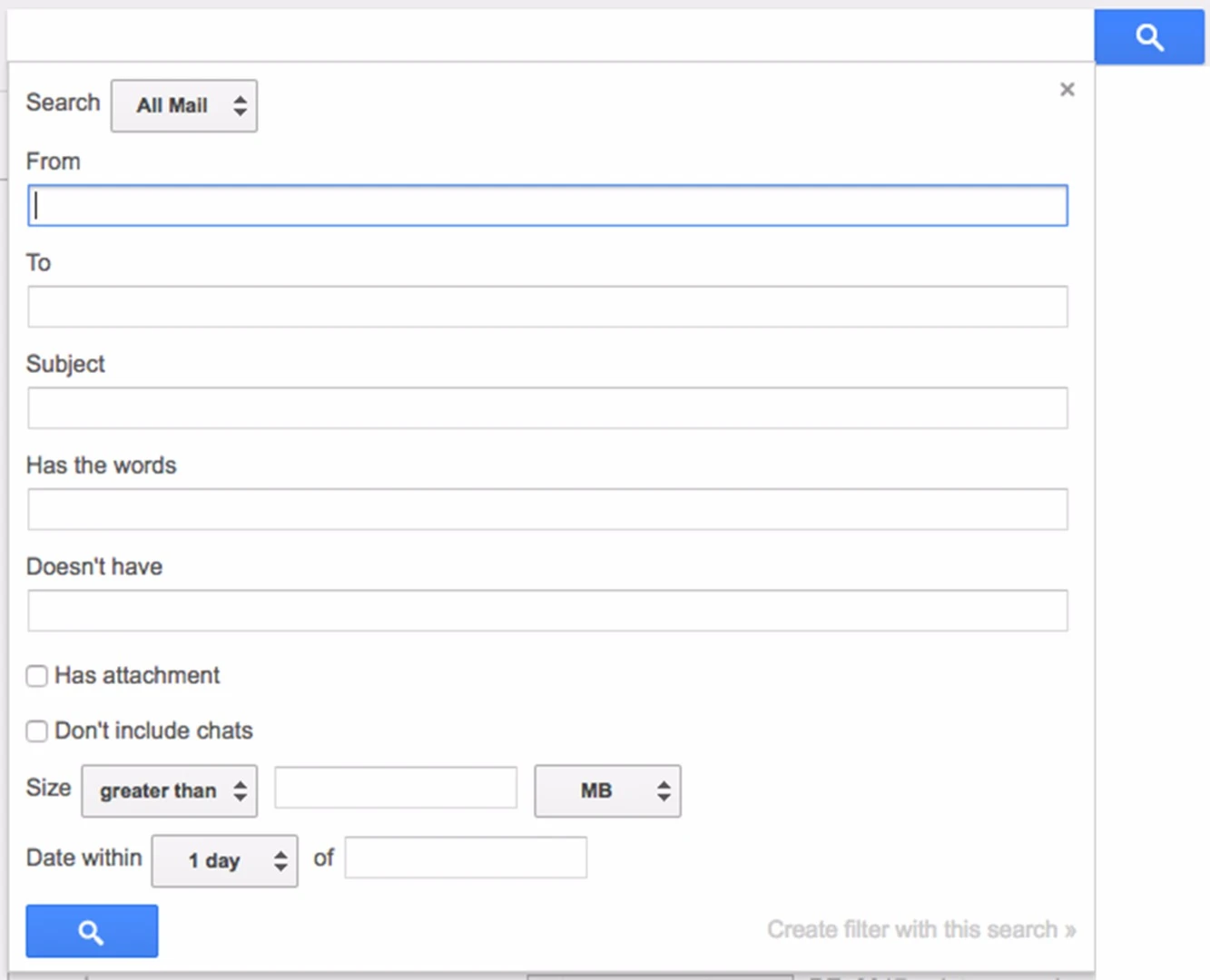 Gmail's search box lets you dial in your searches by size, attachment and more