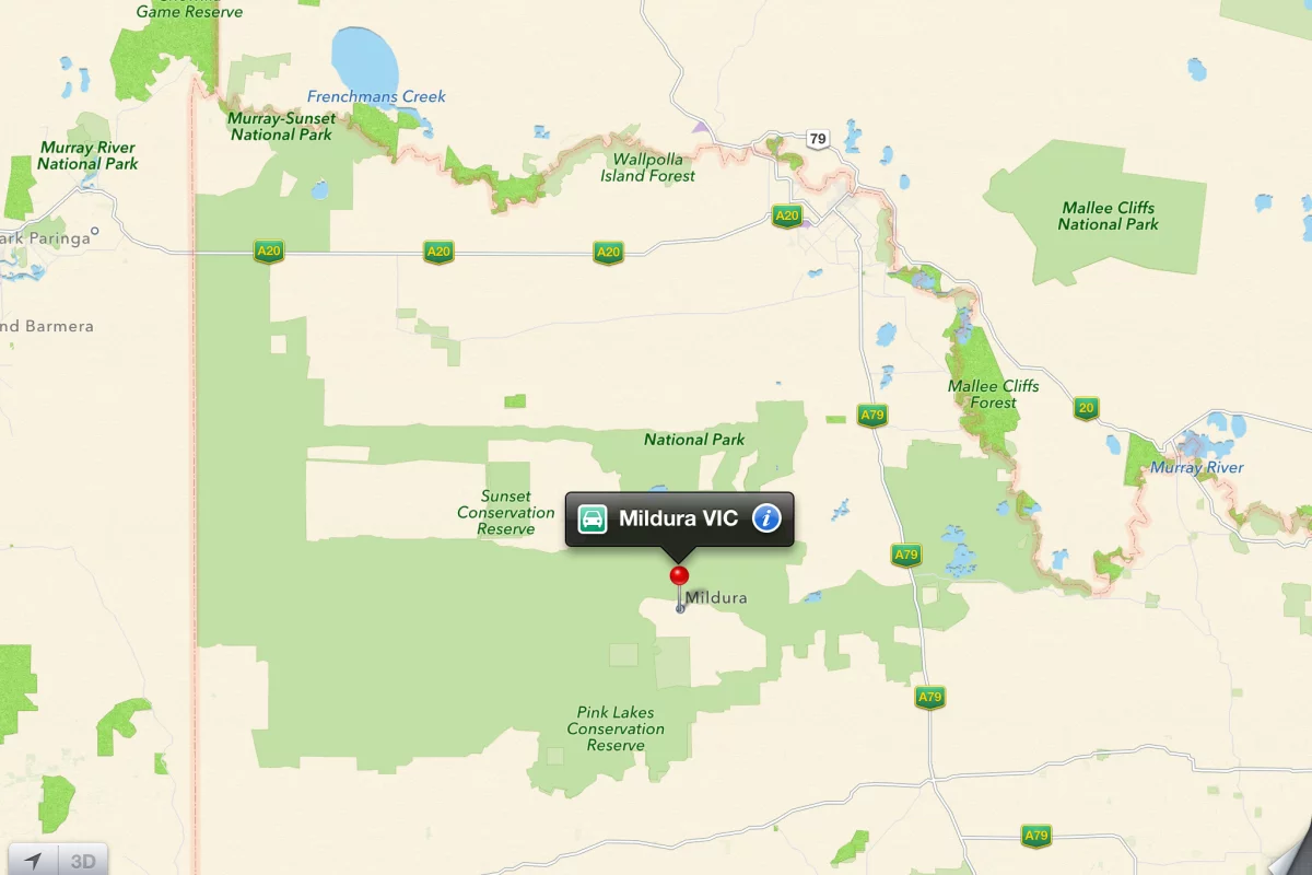 Apple Maps shows the town of Mildura some 70 km (44 miles) south of its actual location