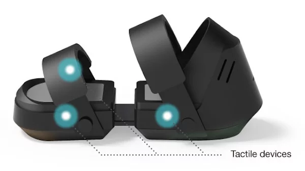 Cerevo's Taclim has three tactile motors in each shoe, and one in each glove, for all-over haptic feedback