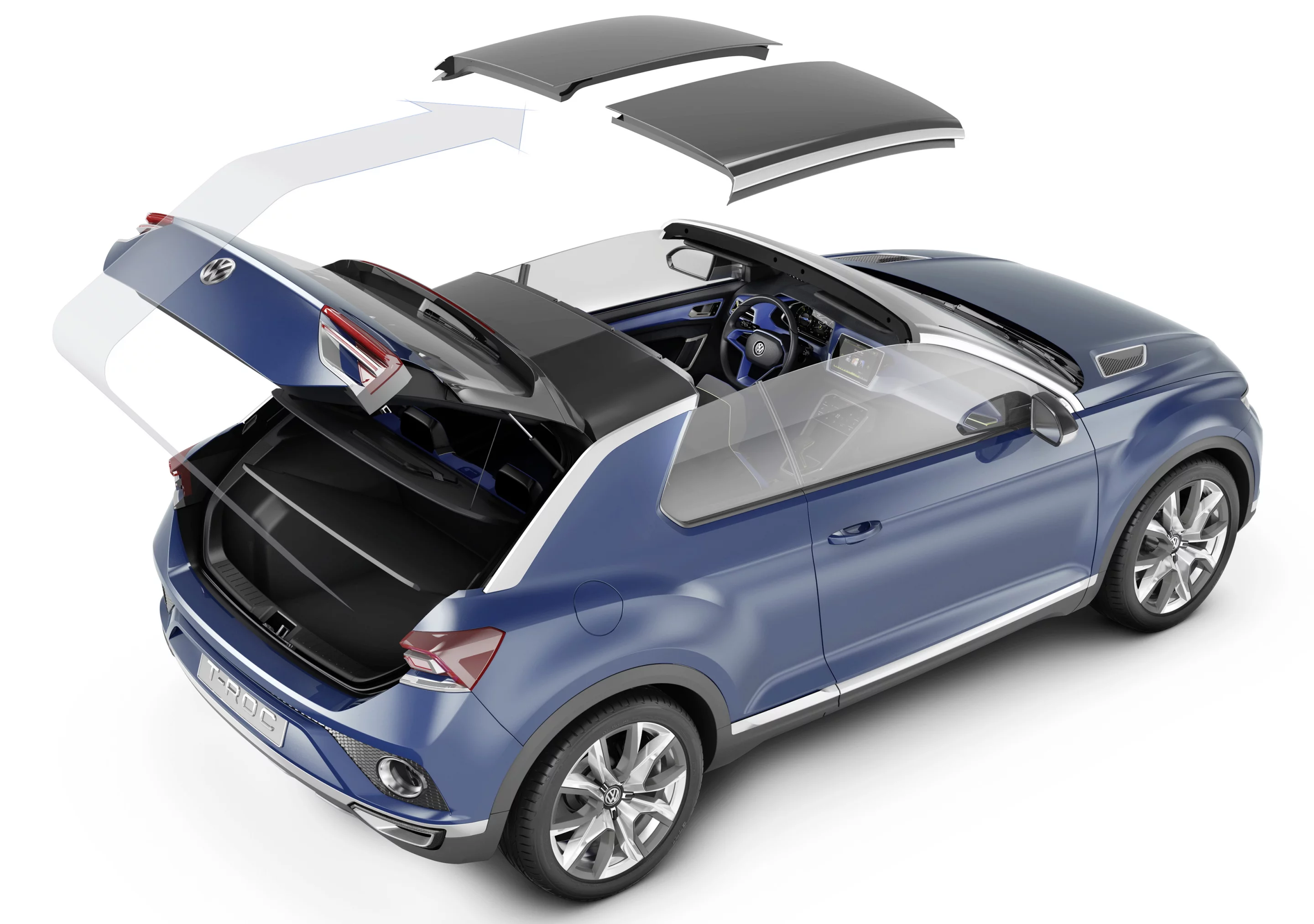 The T-ROC features a middle section of the roof that can be quickly removed and stowed in two pieces
