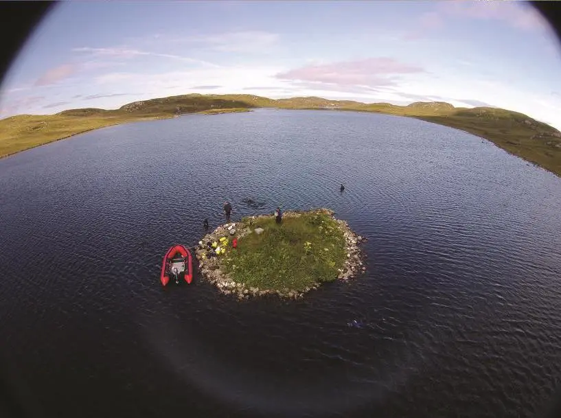 Aerial view of islet in Loch Langabhat
