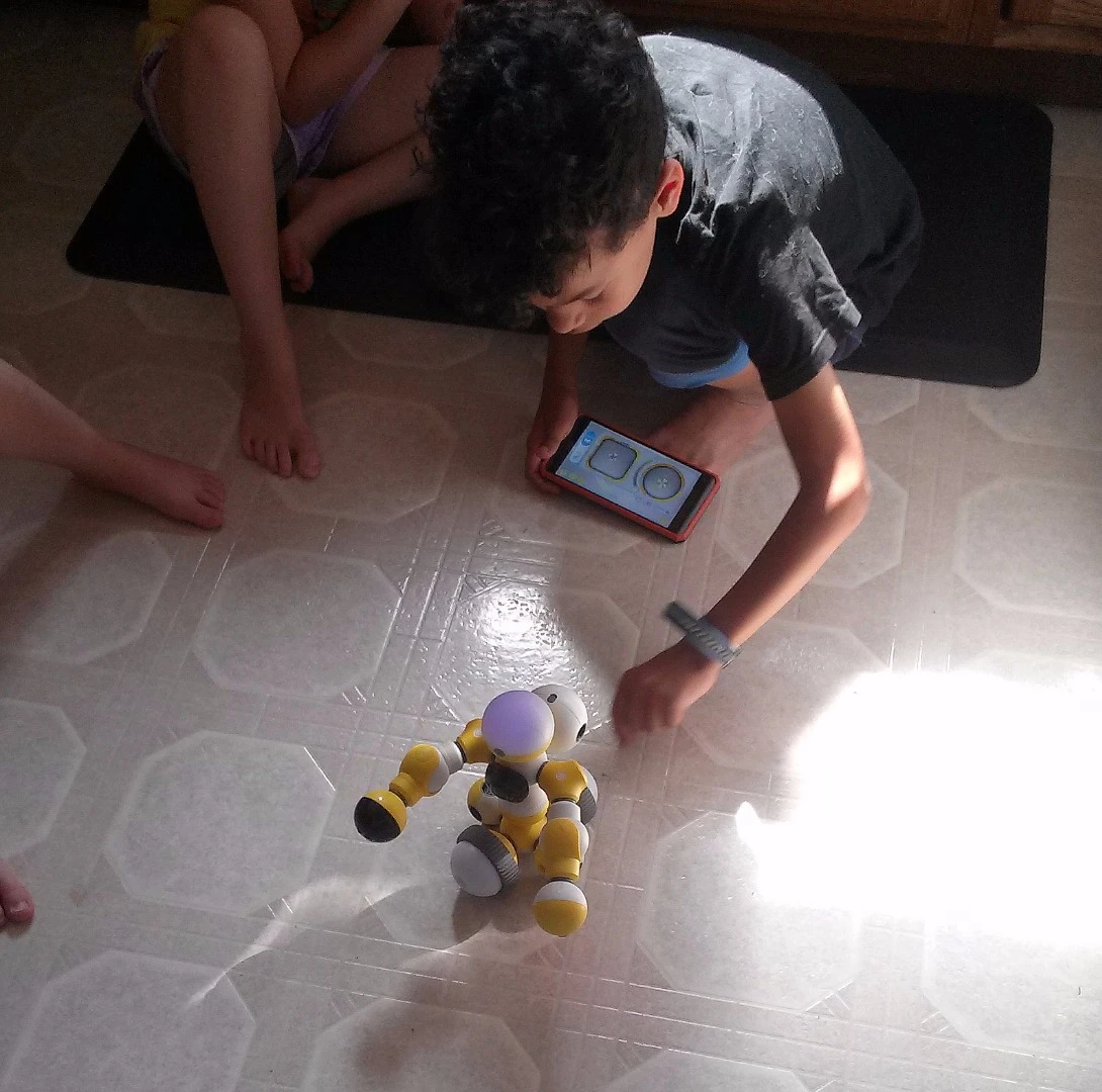 Swinging his hand at the robot, my boy realizes that the motion sensor makes the Big M turn away to avoid collision