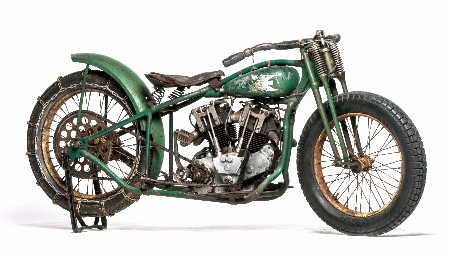 This 1928 Excelsior factory hillclimb machine of which only a handful were ever built. The bike was "bleeding edge" racing exotica when it was created using the Super X crankcase with a pair of racing cylinders from Excelsior’s 30.5 cu-in. single-cylinder half-mile dirt track engines. Estimated to fetch between $150,000 and $200,000, it sold for $143,000.