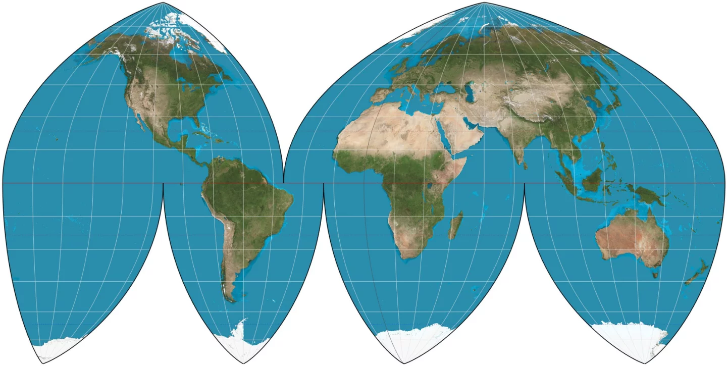 The Boggs Eumorphic projection chops up something similar to the Mollweide projection in order to keep North upward as well as having correct proportions
