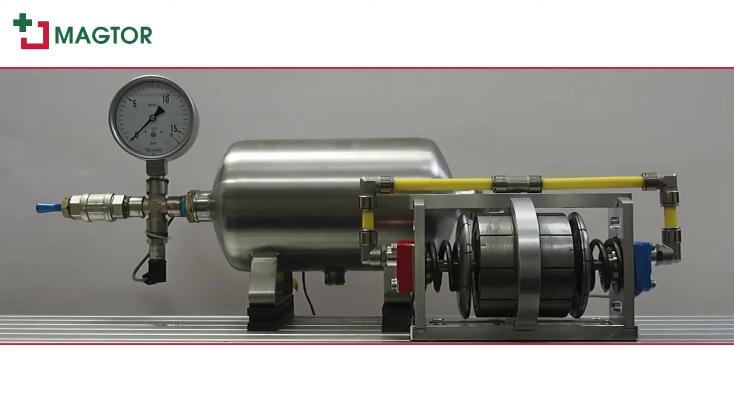 In this demonstration setup, the Magtor pump's two outputs are routed into a single output line, used to compress air in a cylinder