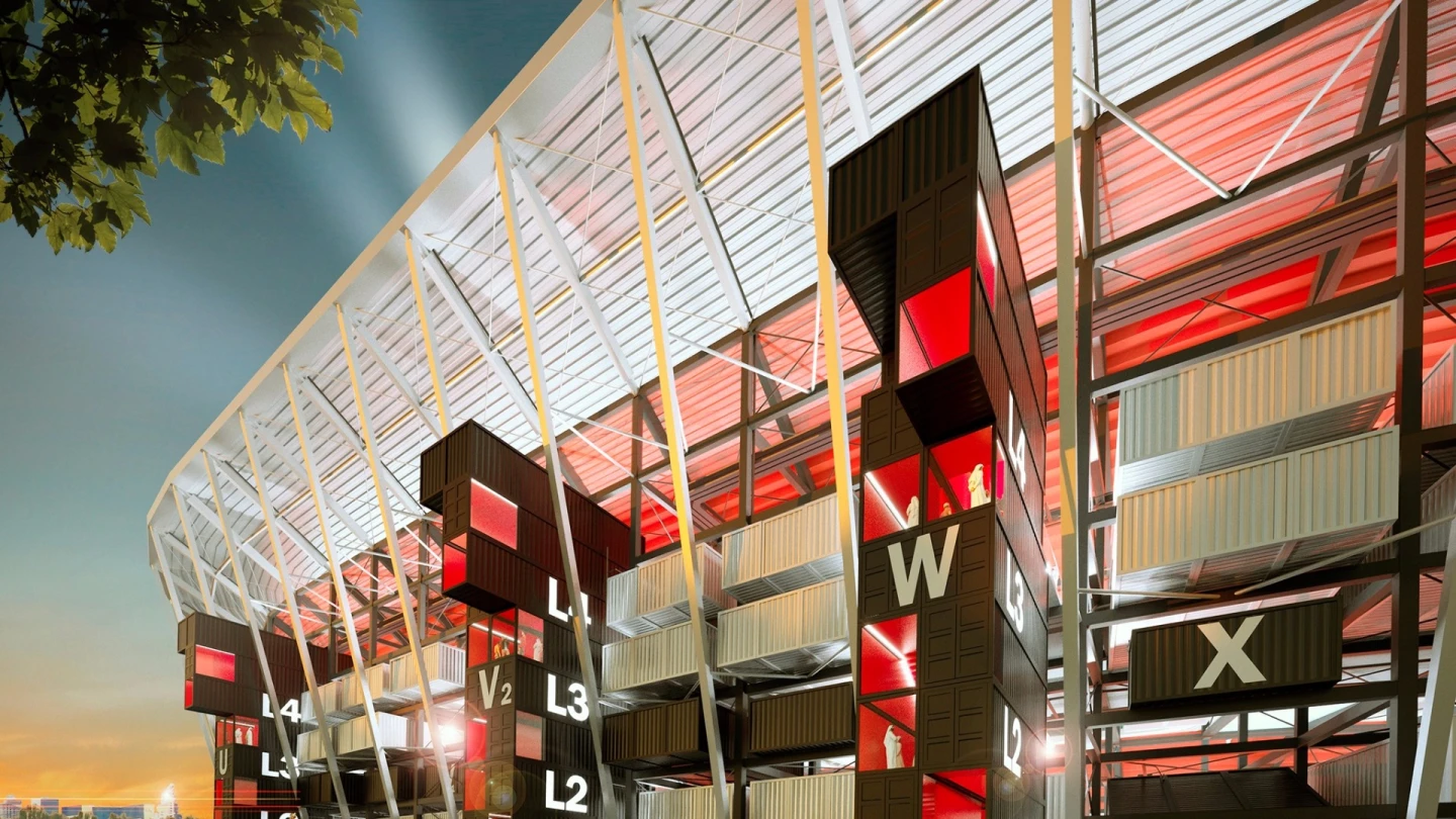 The shipping containers making up the Ras Abu Aboud Stadium will house things like removable seats, concession stands and toilets