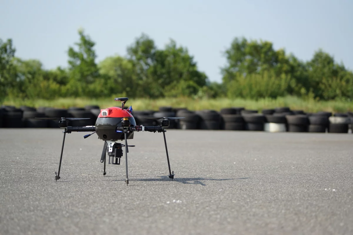 The prototype Aerosense AS-MC01-P quadcopter carries a Sony lens camera