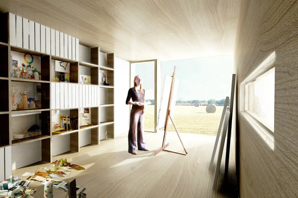 With the addition of a kitchen and bathroom, the concept could easily be transformed into a great tiny home, backyard studio or nature retreat