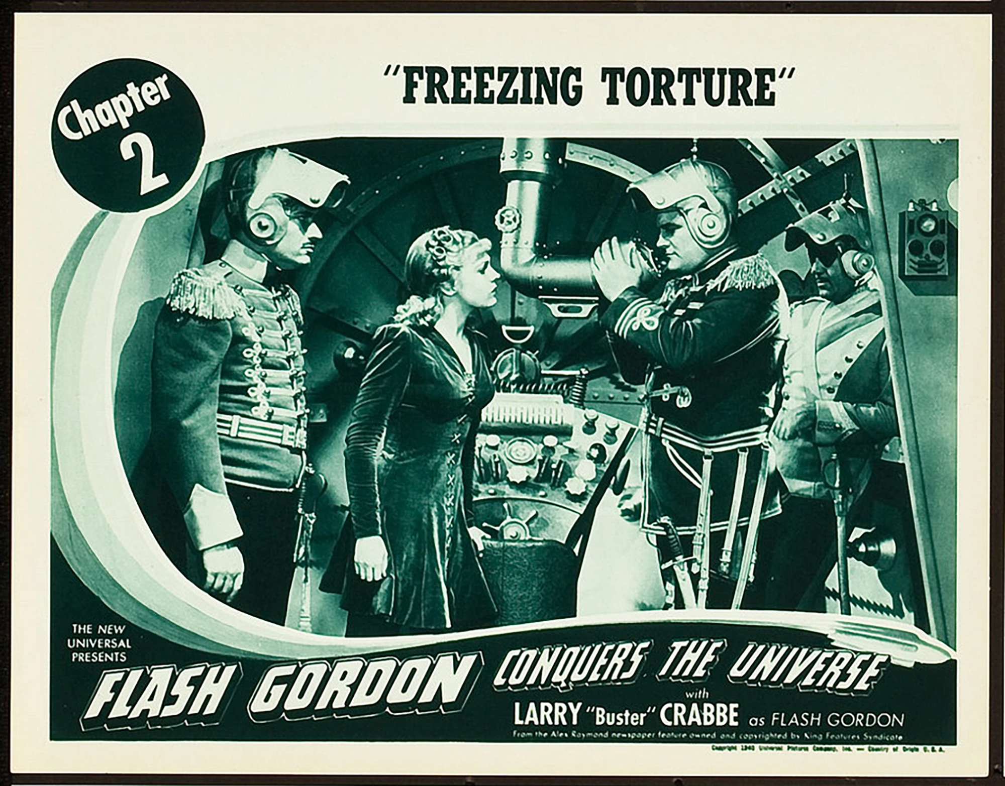 Flash Gordon was featured in three serial films: Flash Gordon (1936), Flash Gordon's Trip to Mars (1938), and Flash Gordon Conquers the Universe (1940). These movie serials were popular during the first half of the 20th century, consisting of a series of weekly episodes exhibited in consecutive order at theaters during the “shorts.” Each episode ended in a “cliffhanger” which helped to entice the audience back to the movie theater the following week for the next feature film, making the extremely popular Flash Gordon important to generating box office in movie theaters as audiences followed his adventures over months. Lobby cards such as this were important in promoting the next episode of the serial and are now highly sought after by collectors