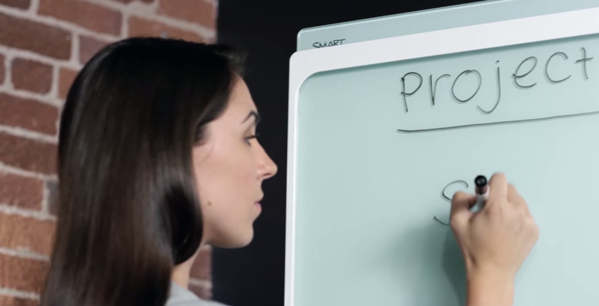 The Smart Kapp can be used like a regular whiteboard, with dry-wipe pens and erasers
