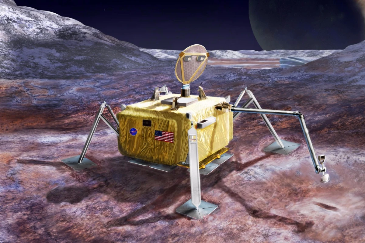 Artist's rendering of a conceptual design for a potential future mission to land a robotic probe on the surface of Jupiter's moon Europa