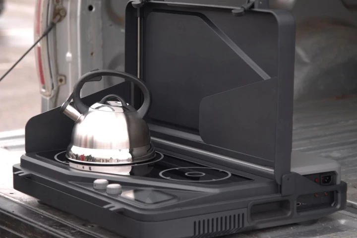 The Overlander looks like a dual-burner camp stove, only with a 1-kWh battery sticking out the back