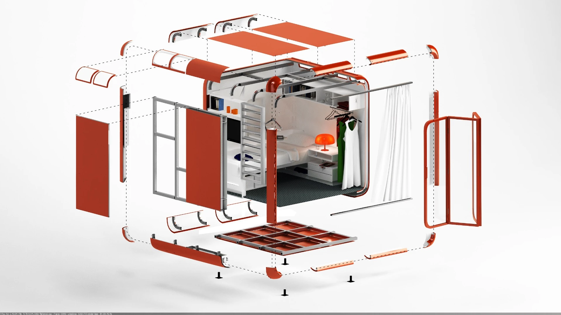 The Sleeping Pod is prefabricated and constructed from a a nested wood rib structure, built from interlocking CNC-cut plywood, with a fiberglass outer shell