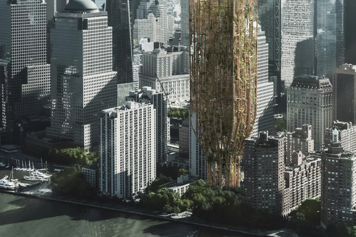 Living Skyscraper For New York City was designed by Andrii Lesiuk, Mykhaylo Kohut, Sofiia Shkoliar, Kateryna Ivashchuk, Nazarii Duda, Mariia Shkolnyk, Oksana-Daryna Kytsiuk, and Andrii Honcharenko. They won the 2021 eVolo Skyscraper Competition for their idea to use genetically modified trees to create a sustainable skyscraper