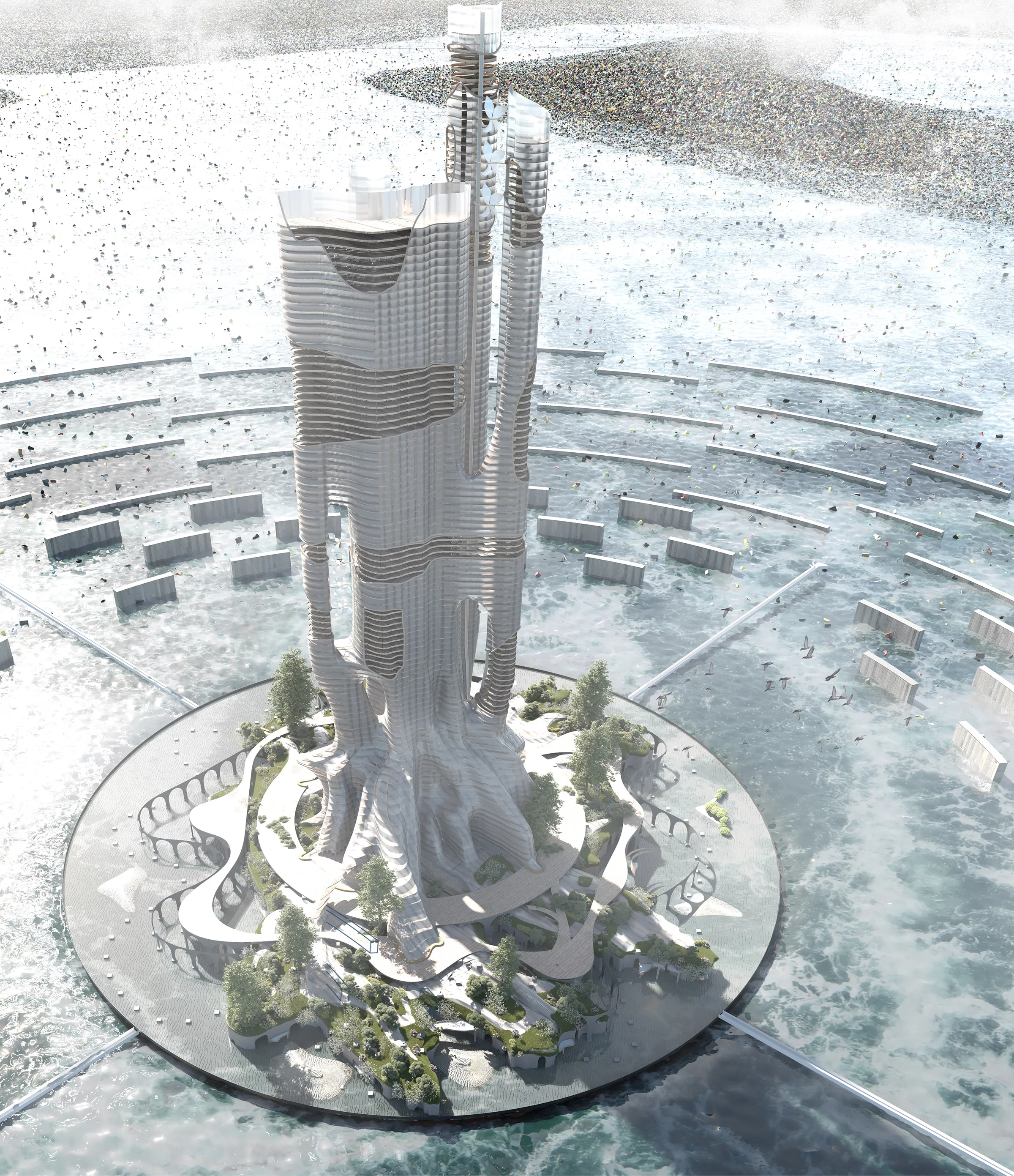 The Ocean Re-clamation Skyscraper, by New Zealand's Dennis Byun, Harry Tse and Sunjoo Lee came in second place. It would be built from recycled plastic and float around the oceans to help clear up garbage patches and other pollution