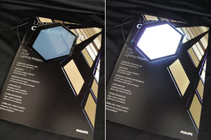 A sample of the OLED roof panel material, that can switch between being transparent and emitting light