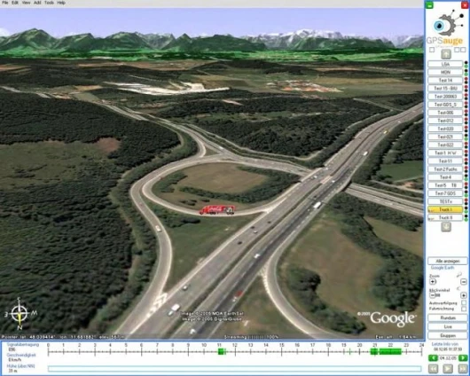 Interface linking to "Google Earth" three-dimensional representation with latched vehicle symbols in a real environment.