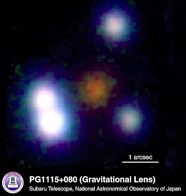 Astrophoto of a gravitational lens taken with the Subaru Telescope. The red galaxy in the center is the lens at a distance of 3.7 Gly, and the other four images are a single quasar some 6 Gly behind the galaxy (Photo: Subaru Telescope)