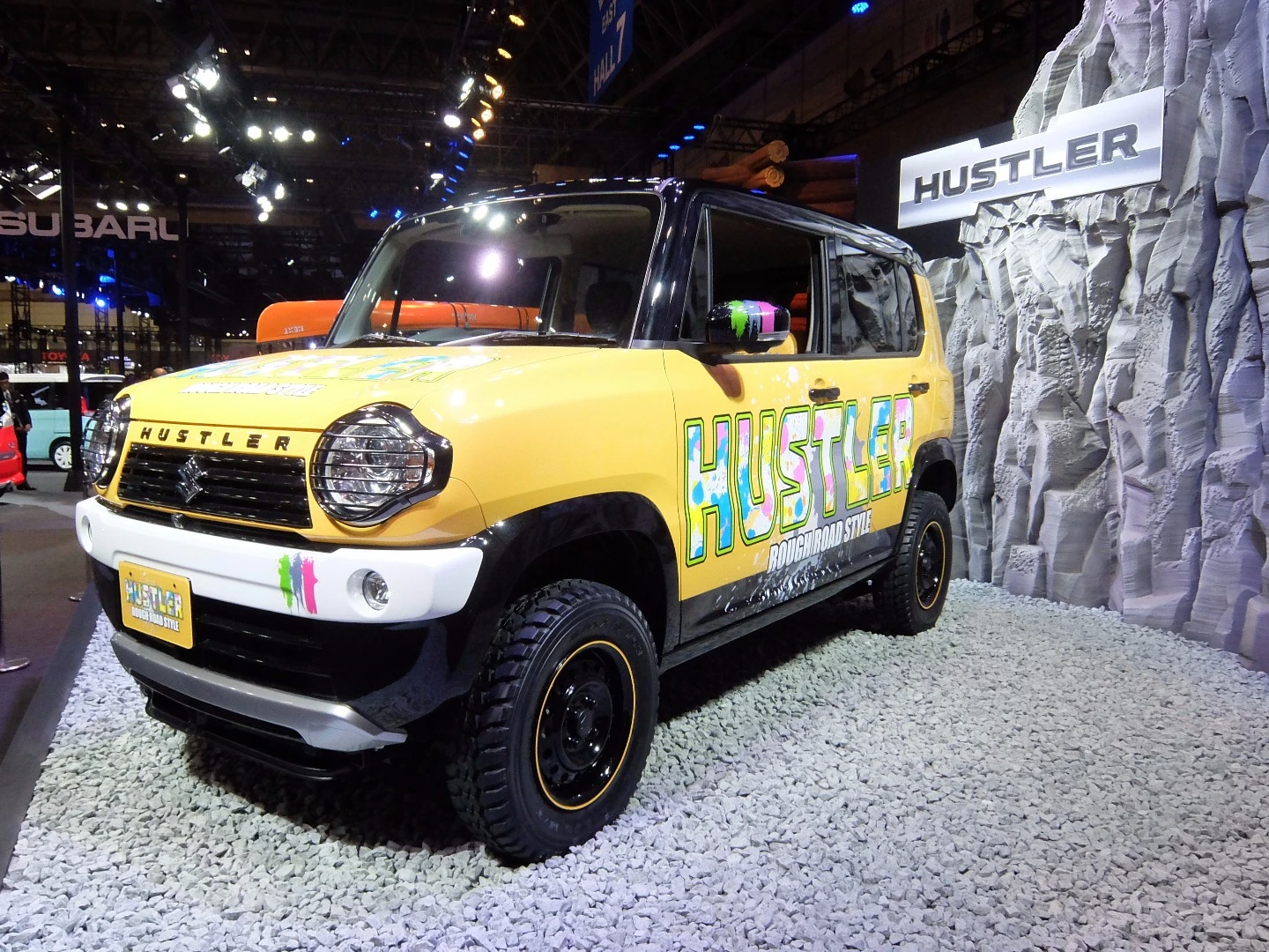 A Suzuki Hustler 4X4 with chunky tires and an increased ride height. Suzuki has been very successful in Japan with this vehicle, both for sales and in generating interest in customization.