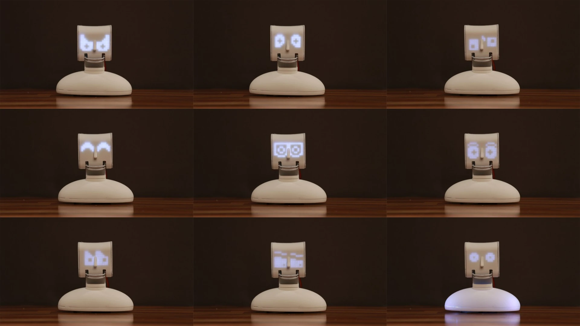 Picoh's LED face can be animated to convey different emotions and programmed to respond to different stimuli, like sound or when he recognizes faces