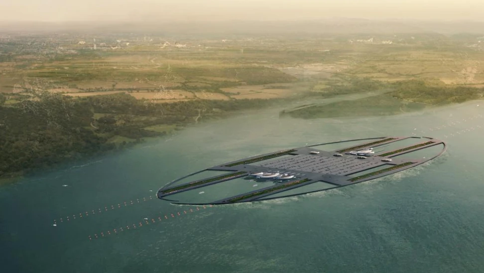 Artist's concept of the London Britannia Airport showing the polders to keep the sea back
