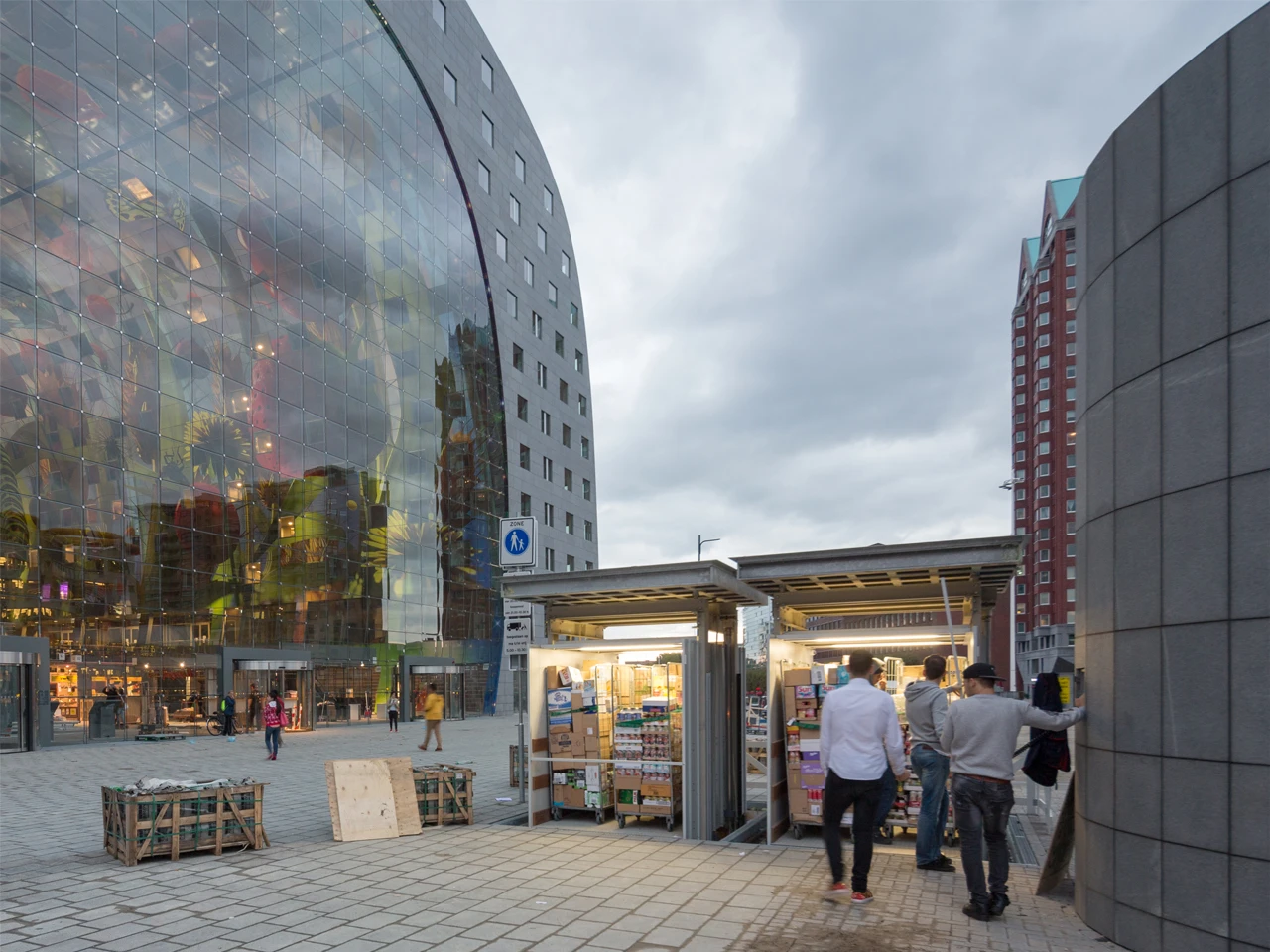 A front view of the Markthal and glass façade