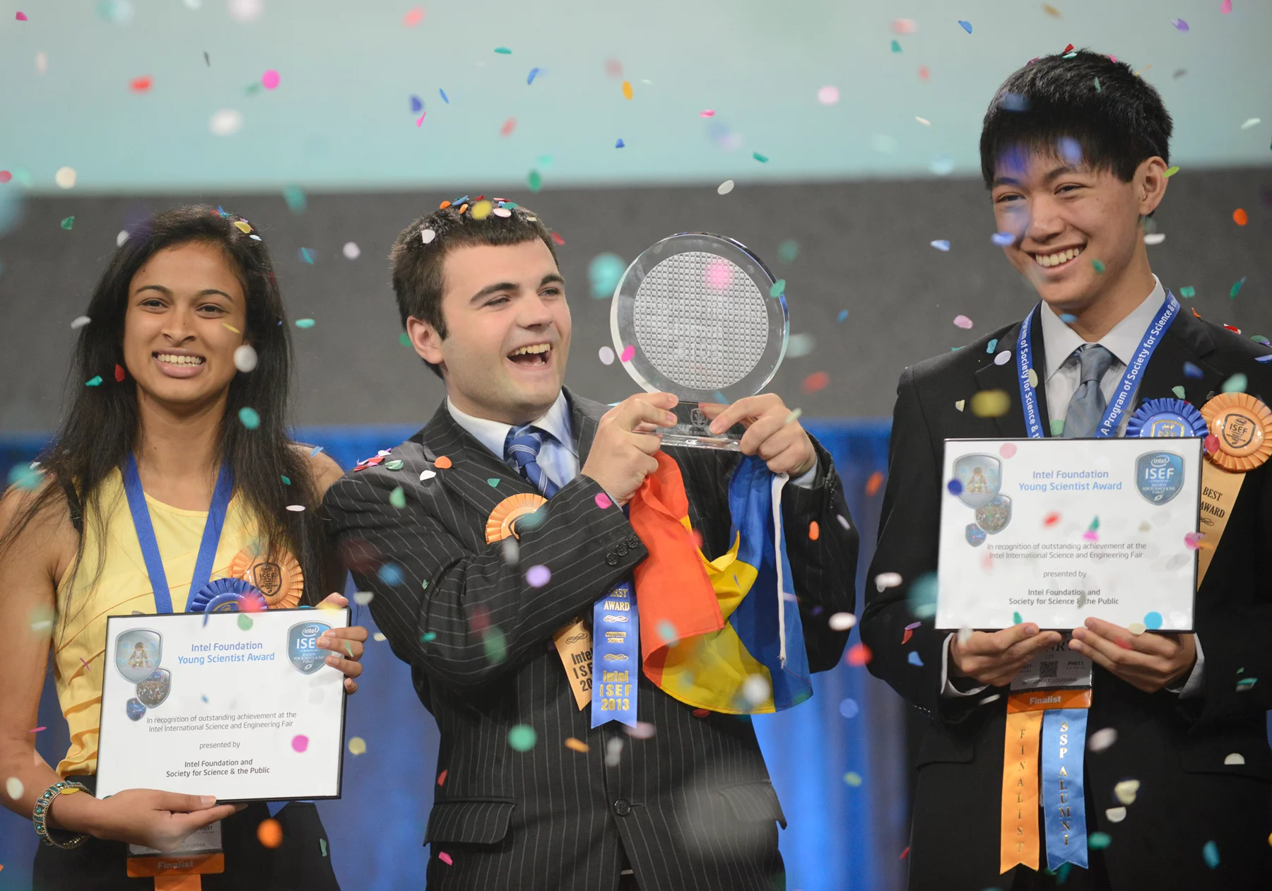 Gordon E. Moore Award winner Ionut Budisteanu (center), with Intel Foundation Young Scientist Award winners Eesha Khare and Henry Lin
