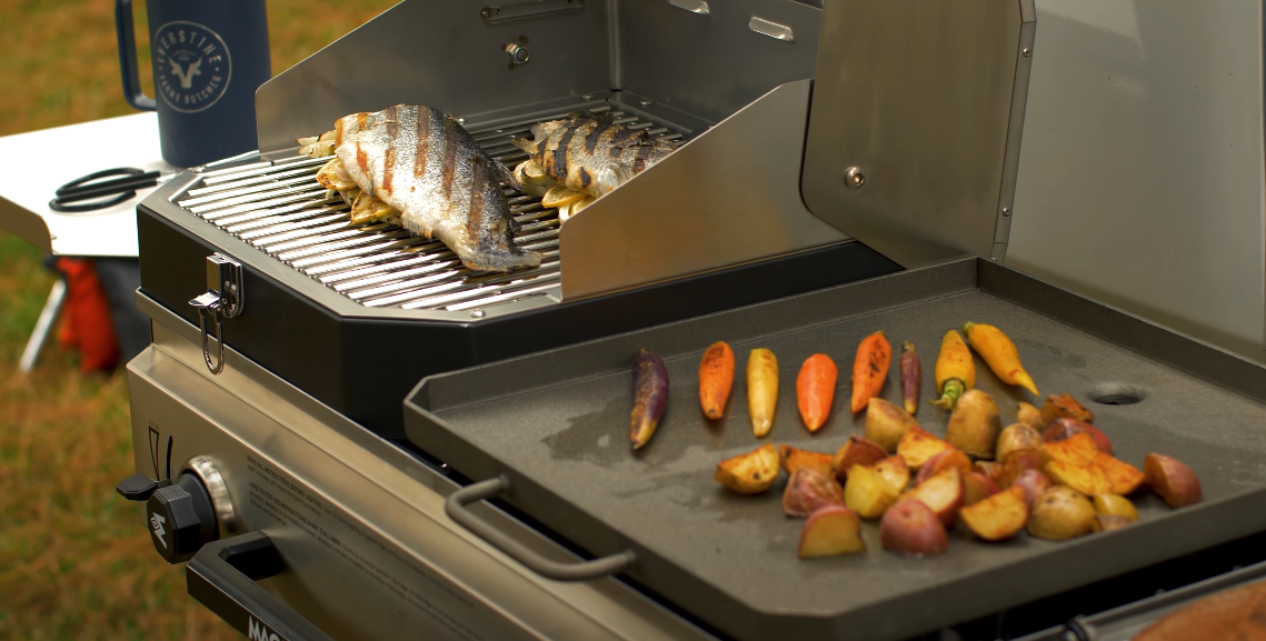 Grill protein on one side, griddle veggies on the other