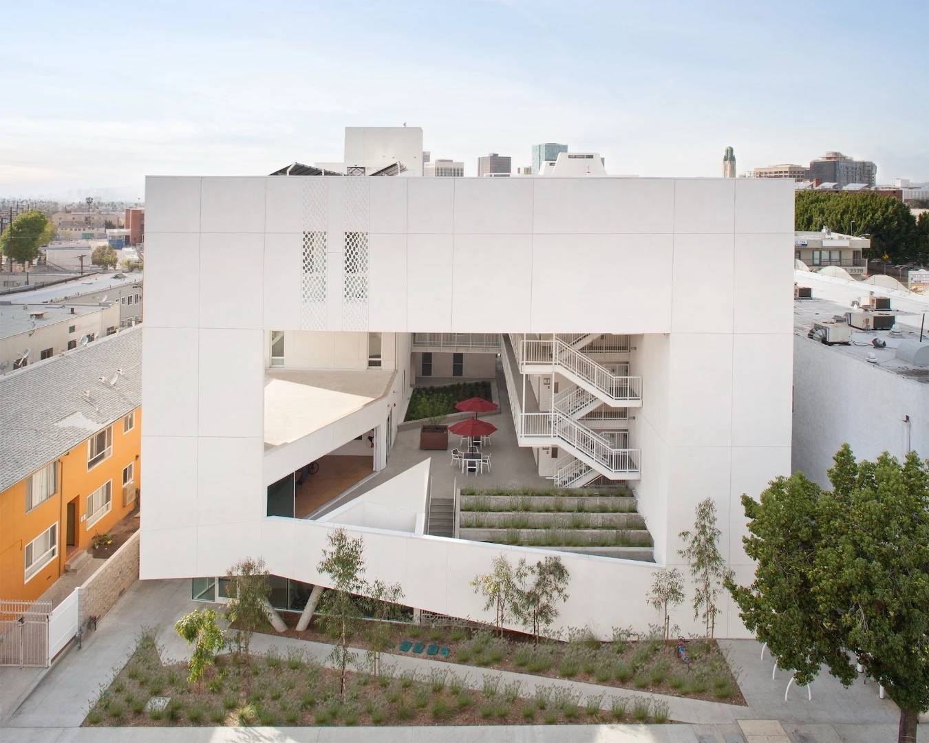 The Six is a 57-unit housing project for the Skid Row Housing Trust that houses disabled veterans and rejects the usual style of shelter by seeking to promote social interaction