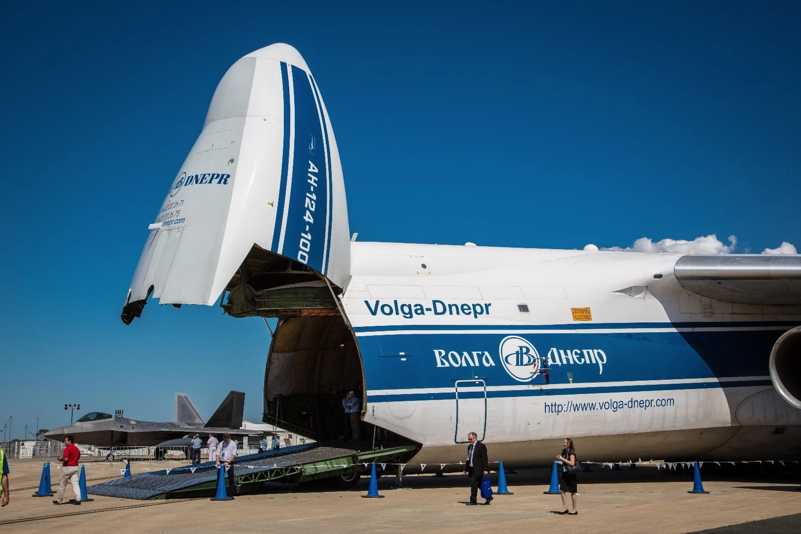 The giant Antonov 124-100 cargo plane, with its flip-top head
