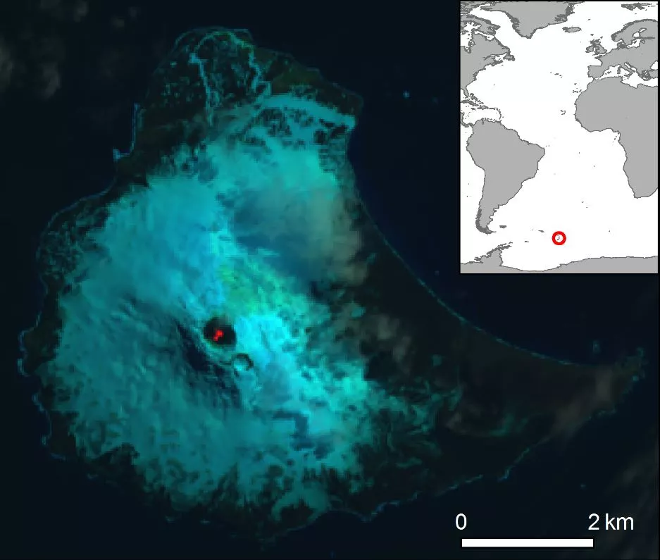 False colour Landsat 8 satellite image of Saunders Island and the lava lake within the crater of Mount Michael. Inset map shows the location of Saunders Island