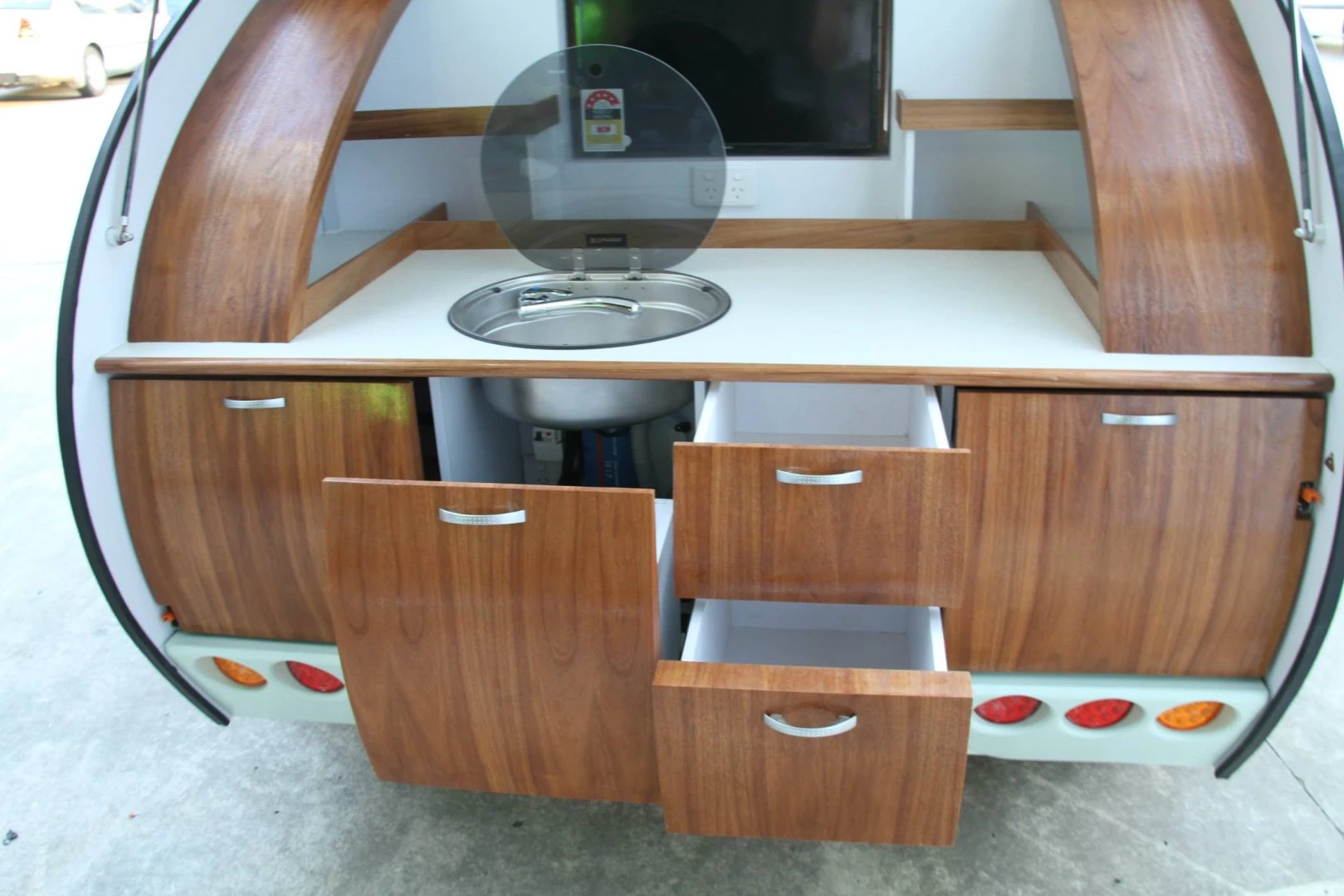 The Gidget trailers come with a galley with sink, refrigerator and cooktop