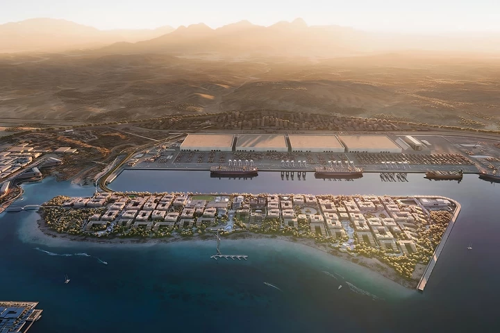 A forward look at what Port of Neom in Oxagon might look like from designers responsible for Neom
