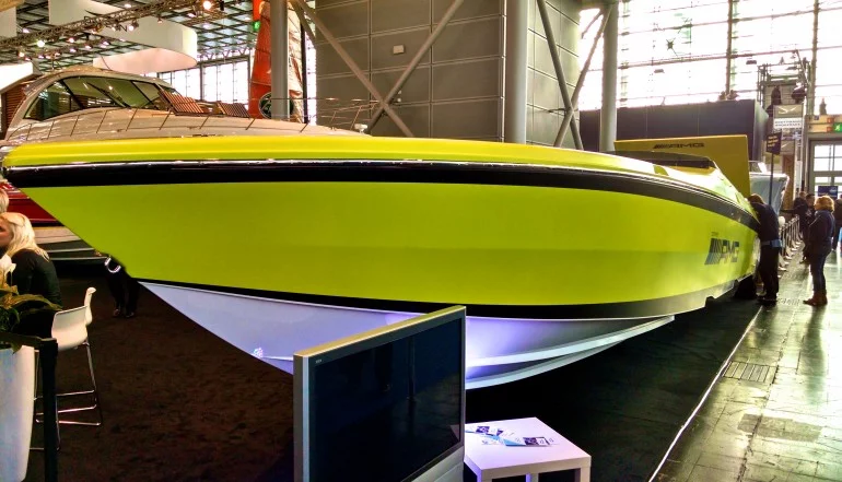 In 2013, Cigarette and Mercedes AMG teamed up on the world's fastest electric boat, shown here at the 2015 Dusseldorf Boat Show (Photo: C.C. Weiss/Gizmag)
