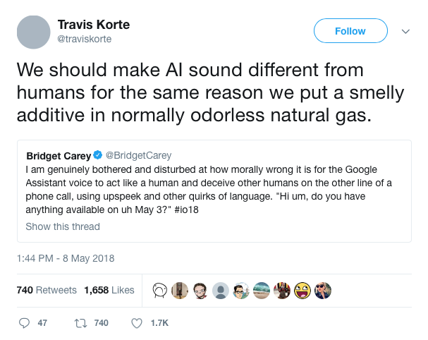 Some of the conversation suggesting how AI voices should not mimic human qualities