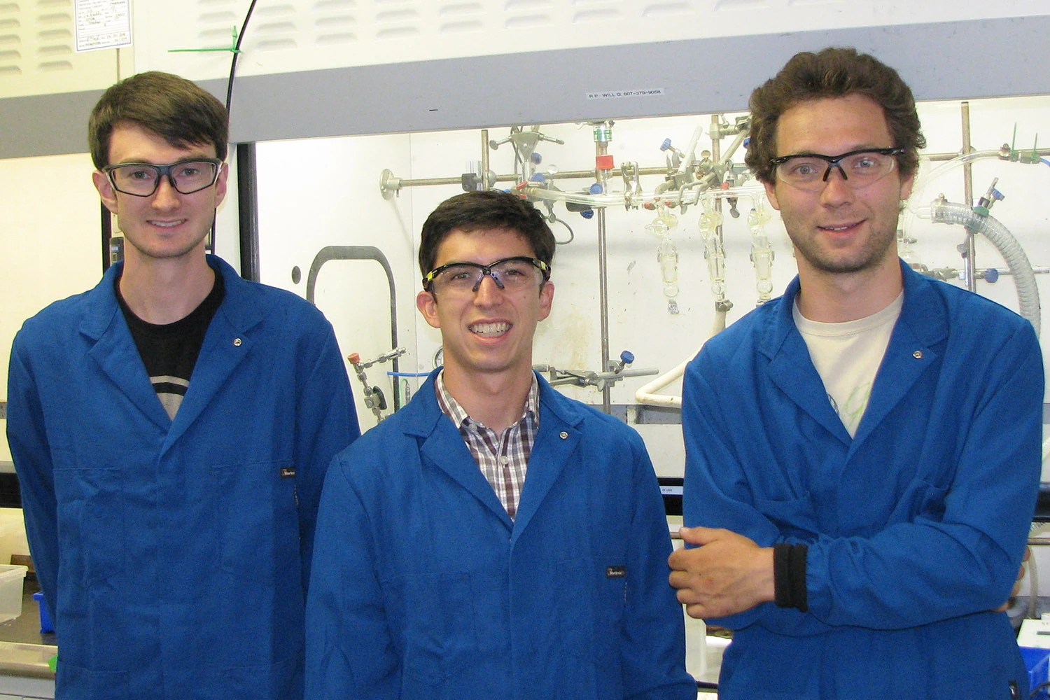Researchers on the new battery design team, from left: Geoff McConohy, Antonio Baclig and Andrey Poletayev