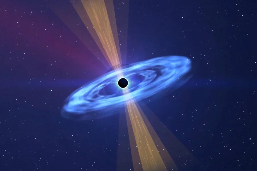 An artist's impression of a black hole producing jets, which are believed to be responsible for an extremely bright flash of light detected by astronomers